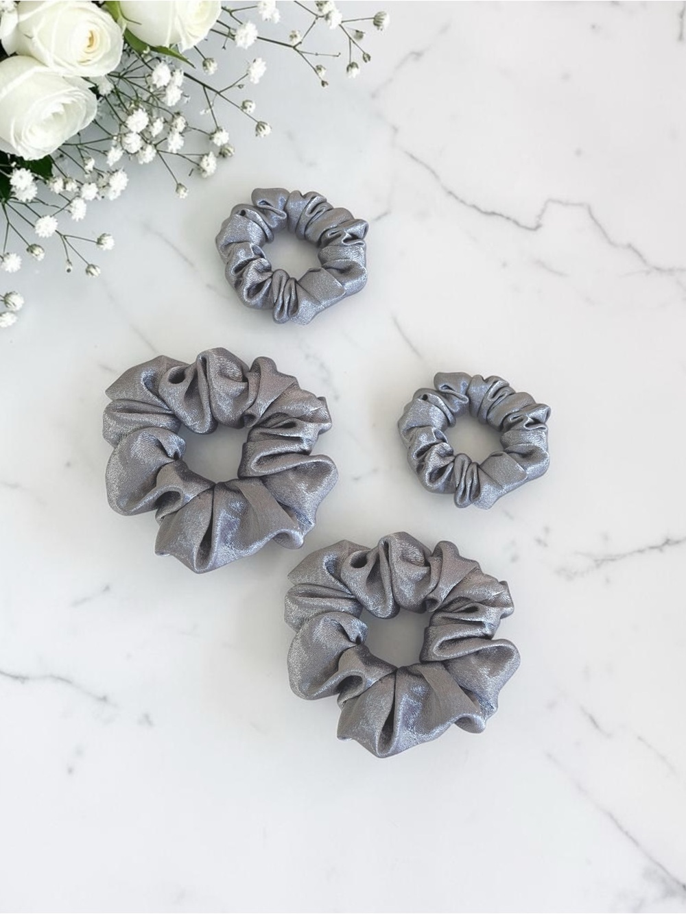 Silver Gray Shimmer Scrunchie Set. Available Set Options.